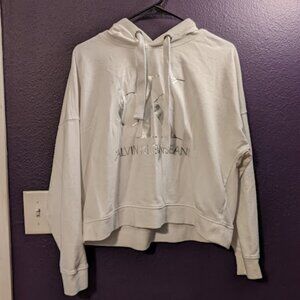 Calvin Klein Cropped White Hoodie with Silver color foil print Size Medium